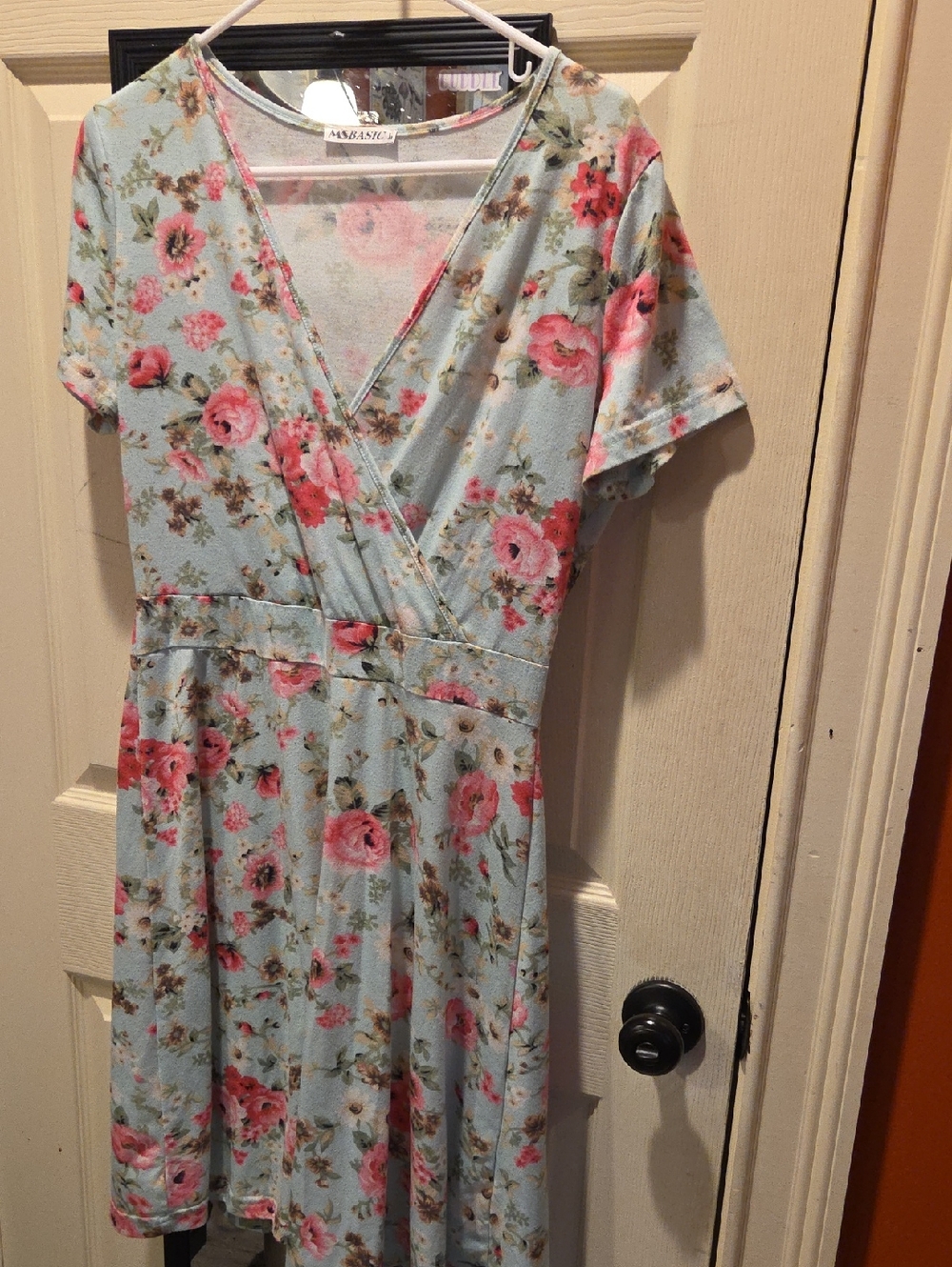Vintage-Inspired Floral Wrap Dress - Pastel Blue with Pink Roses
